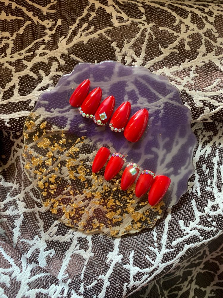 Red Rhinestones Press On Nails