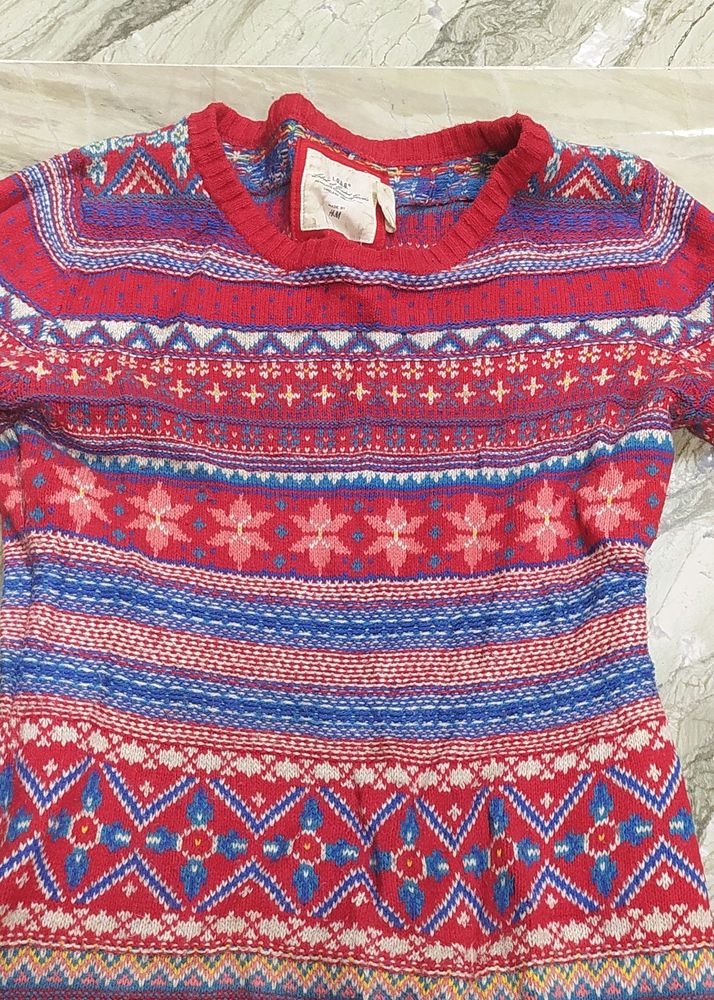 Red Multi Colour Woolen Top