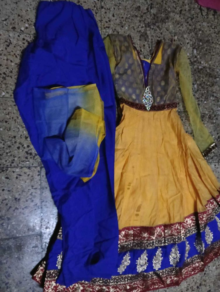 Designer Yellow Blue Anarkali Suit