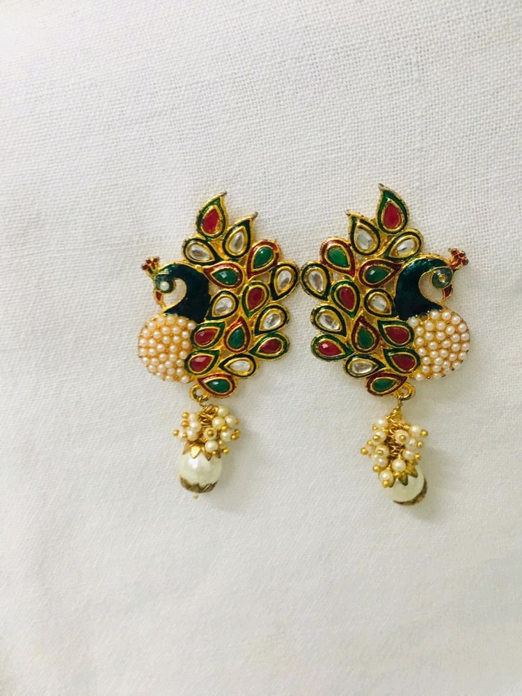 Peacock And Pearl Earrings With Multi Stones