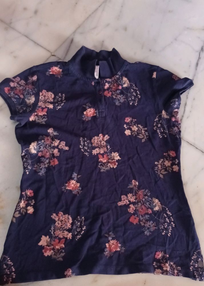 Navy Blue Colour Shirt Type Top With Flower Print