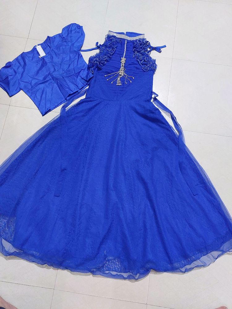 Blue designer gown with flares and with inner & accessory for girls