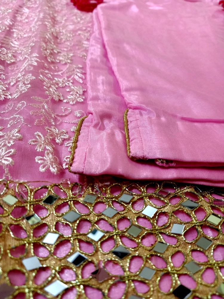 Pink Suit Set With Mirror Work & Thread