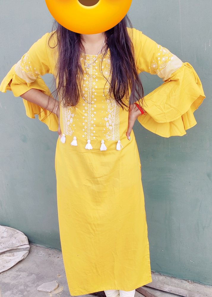 Women Printed Straight Yellow Kurti