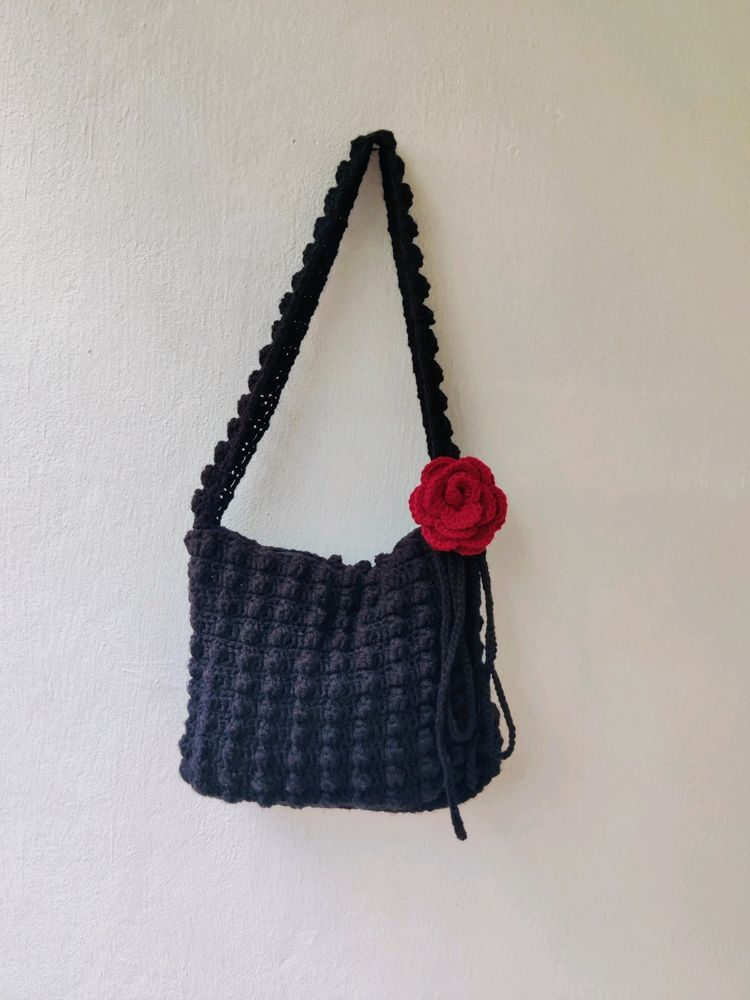 Crochet Black Popcorn With Rose Bag