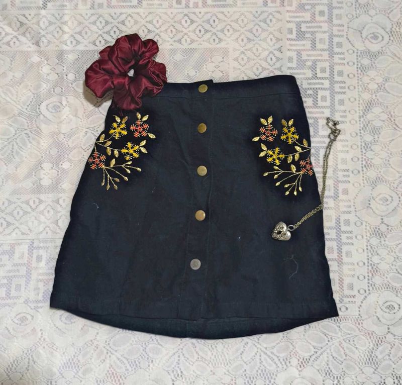 Dark Embroidered Velvet Button Down Mini Skirt