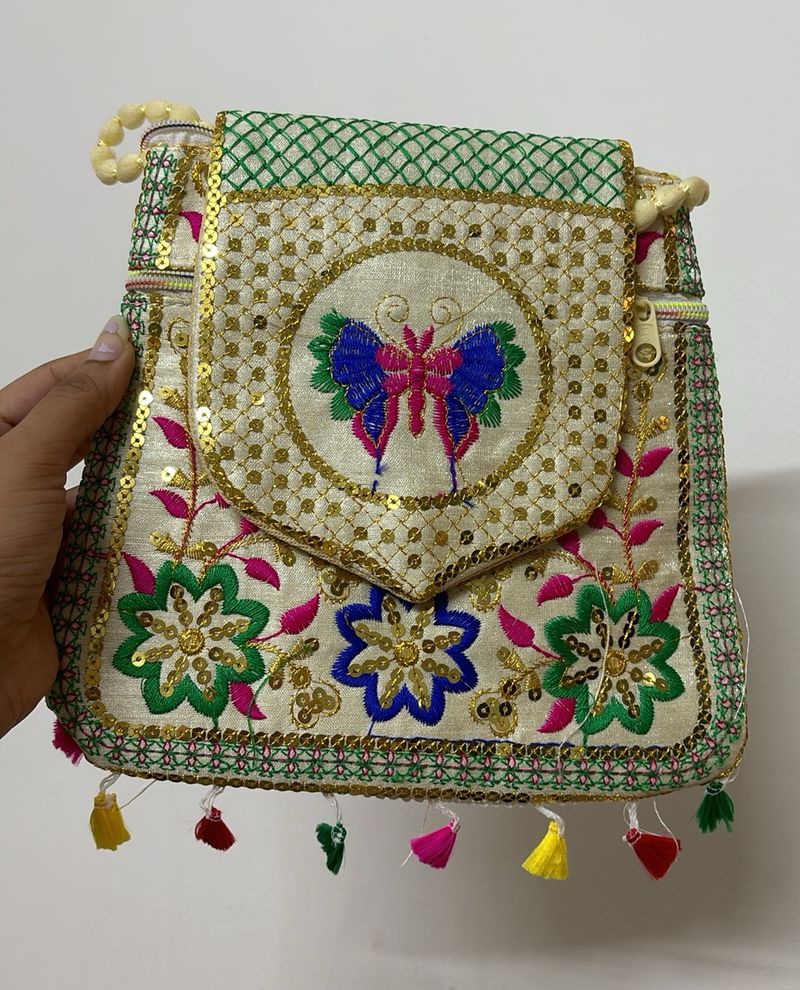 Off White Butterfly Sequins Embroidered Sling Bag