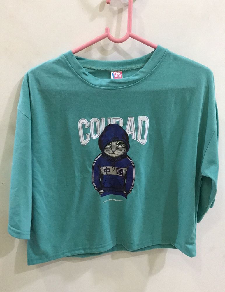 Comrad Cat Print Turquoise Blue T-shirt