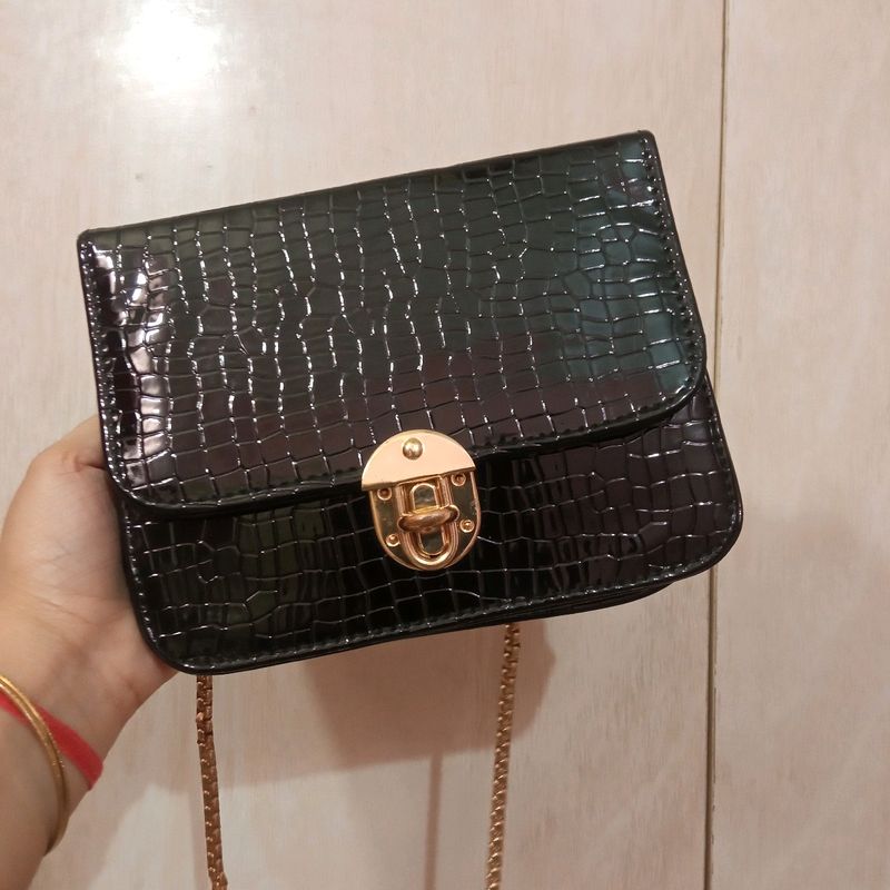 Black Textured Partywear Sling Bag For Women