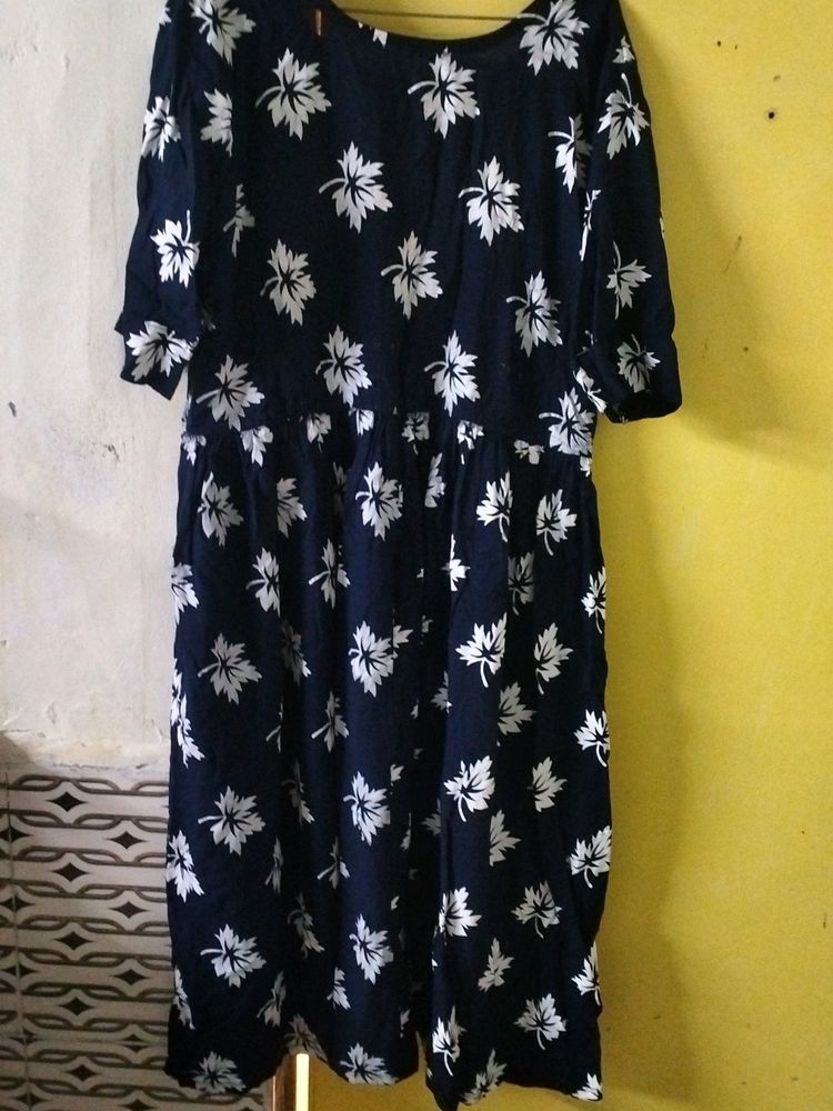 Blue Round Kurti With White Print