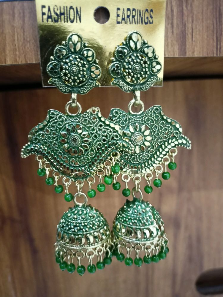 Traditional Ethnic Long Green Earrings