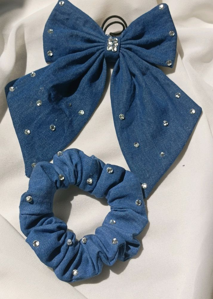 Denim Scrunchie+Bow Combo