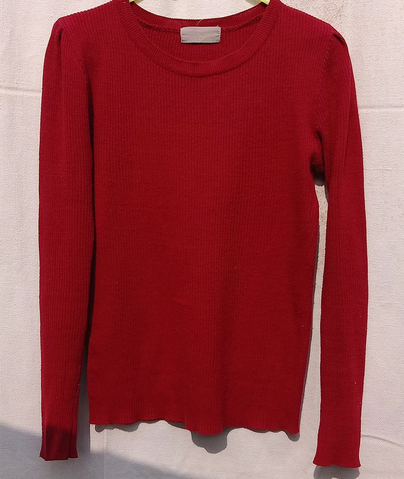 Ribbed Wine Red Pullover Sweatshirt