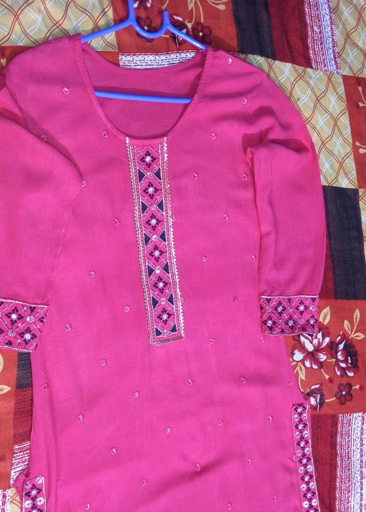 Pink Embroidered Kurti For Girls