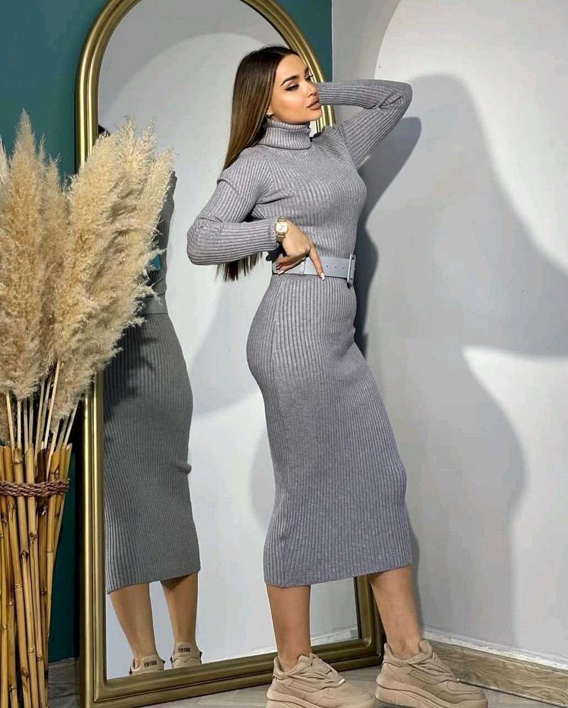 Women Grey Long Ribbed High Neck Sweater Dress