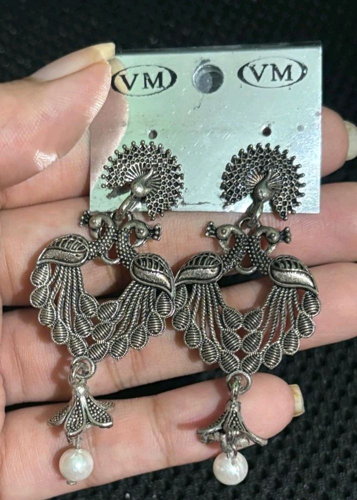 Oxidised Earrings With Peacock Design