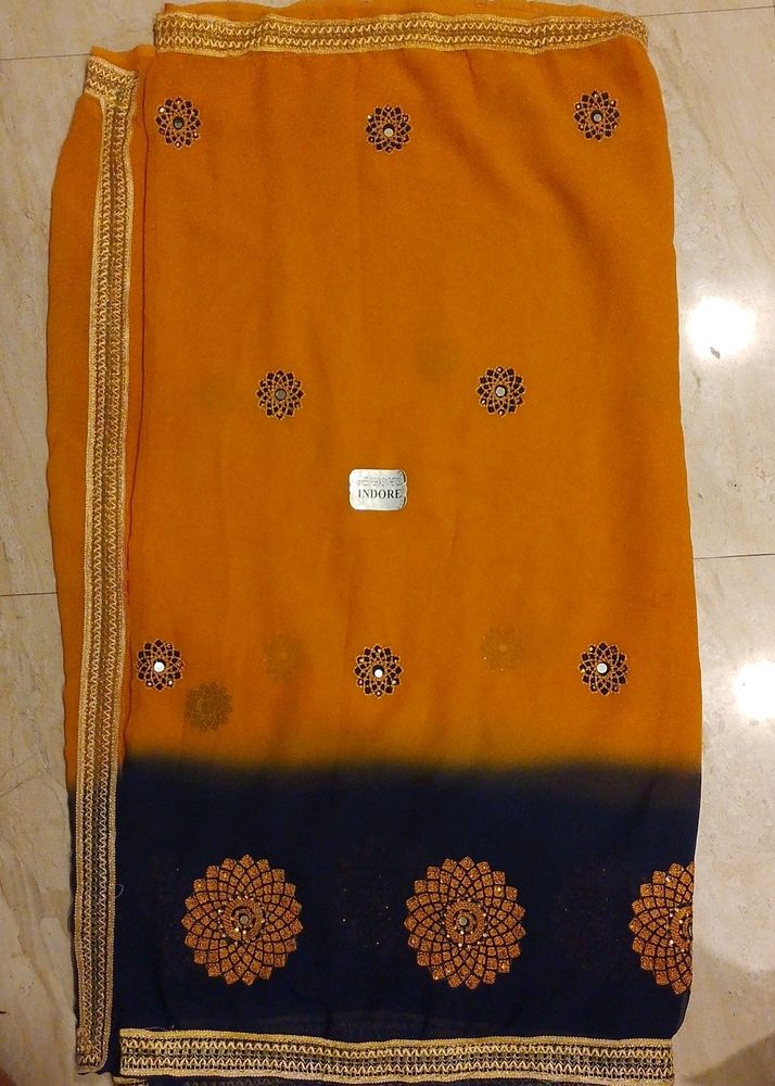 Saree Orange Blue With Blouse Material Neela