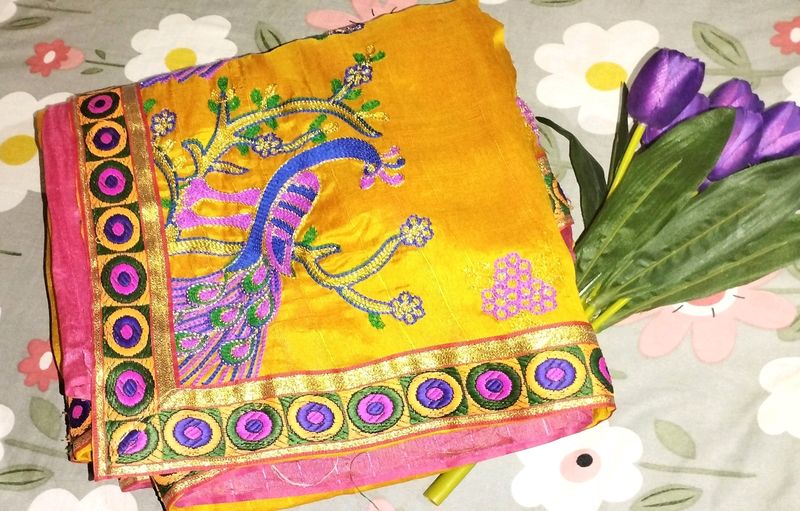 Beautiful Yellow And Pink Chanderi Silk Saree