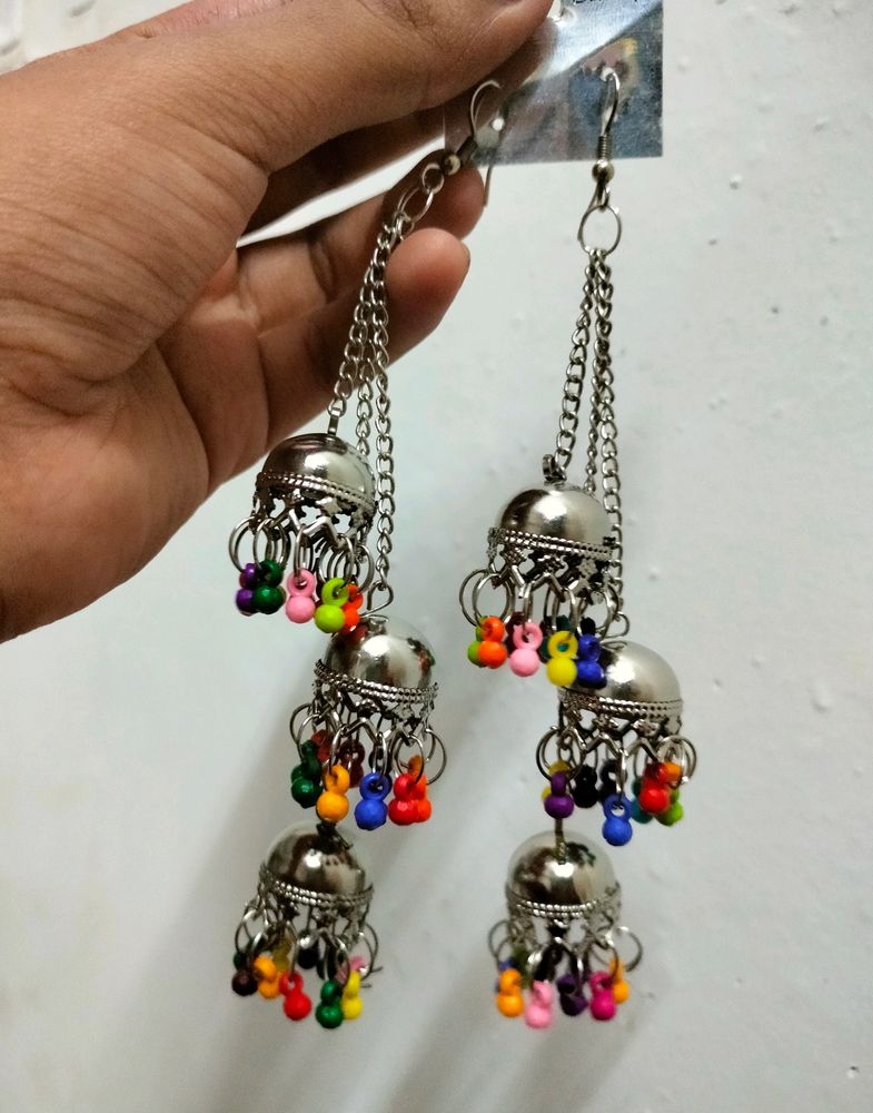 Triple Layered Multi Colour Long Jhumka Earrings