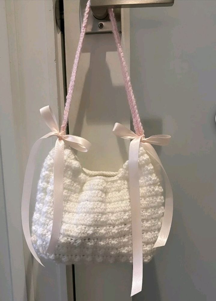 Crochet Popcorn With Ribbon Handbag