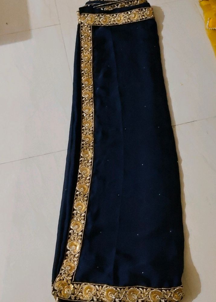 Navy Blue Saree Golden Work Stone Without Blause