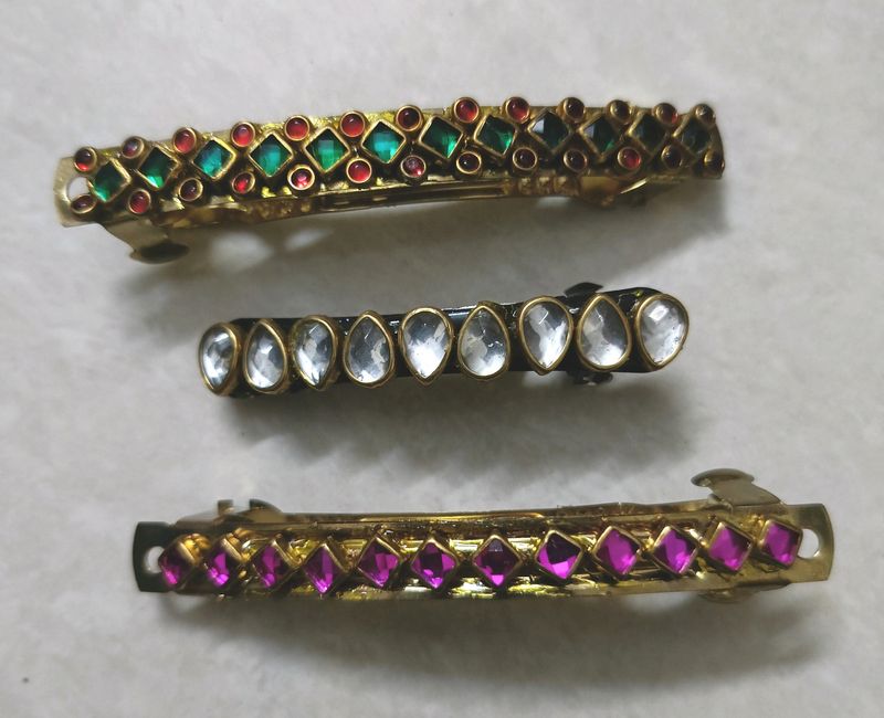 3 Handmade Kundan Hair Clips