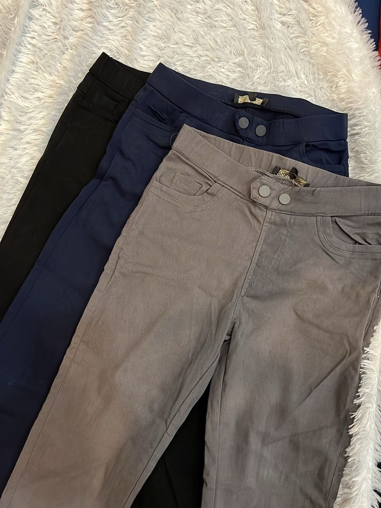 Combo 3 Trousers Ankle Length In Black Grey Blue