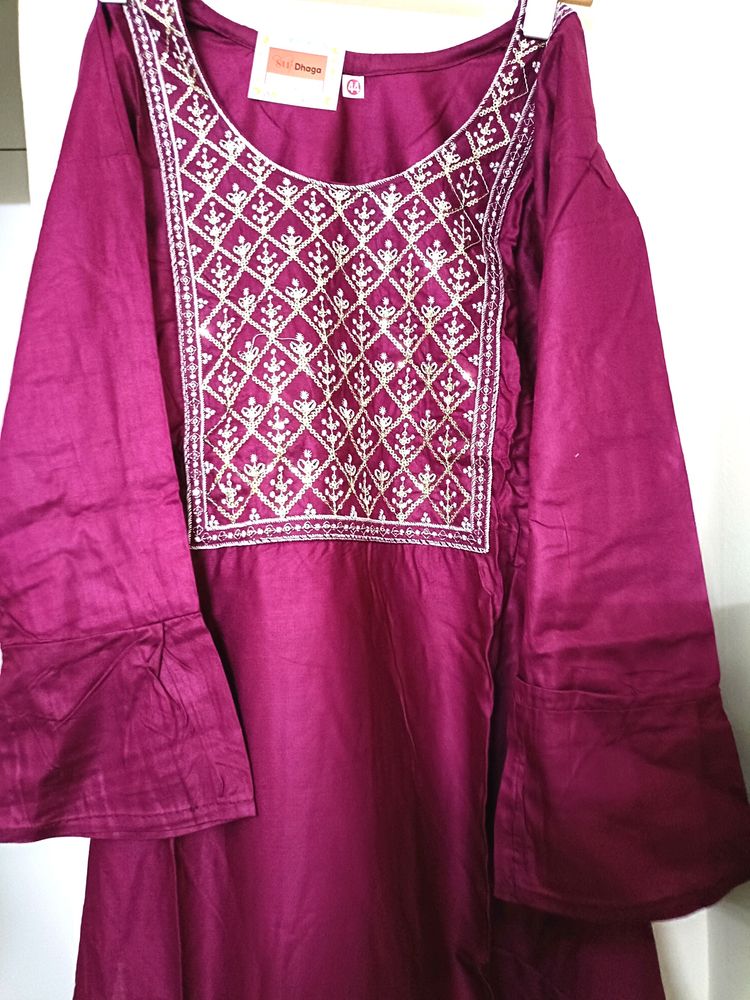 Sequence Neck Work Wine Cotton Stitched Kurta