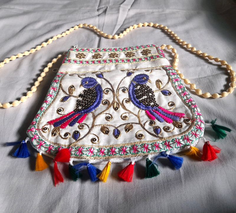 Ethnic Women White Slingbag Trendy Parrot Design👜