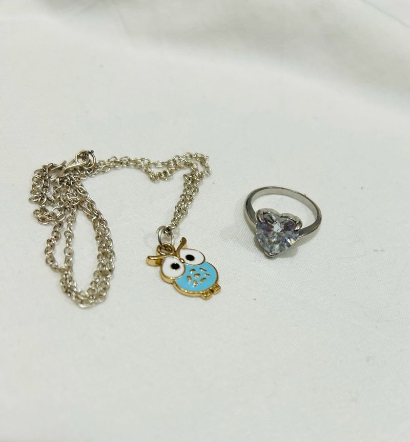 Owl Charm Pendant And Heart AD Ring