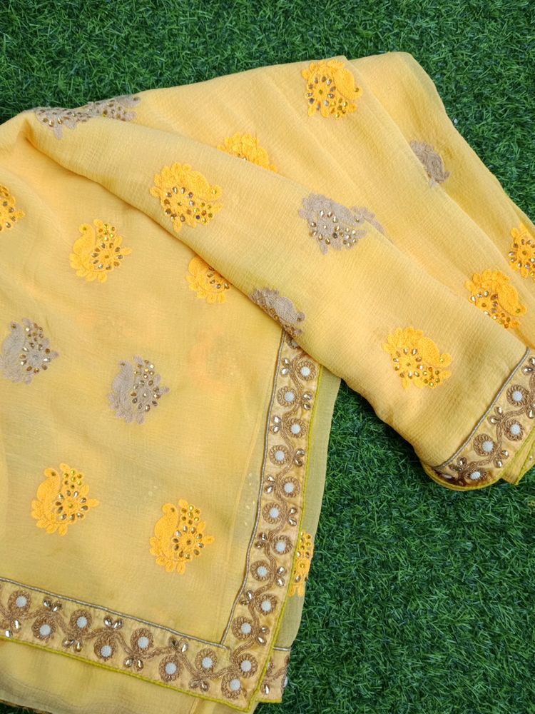 Beautiful Yellow Embroidered Saree Pure Chiffon