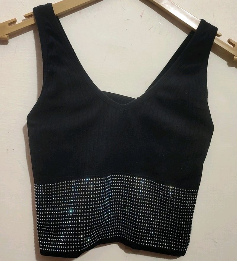 Black Party Wear Non Padded Crop Top For 32 Bust