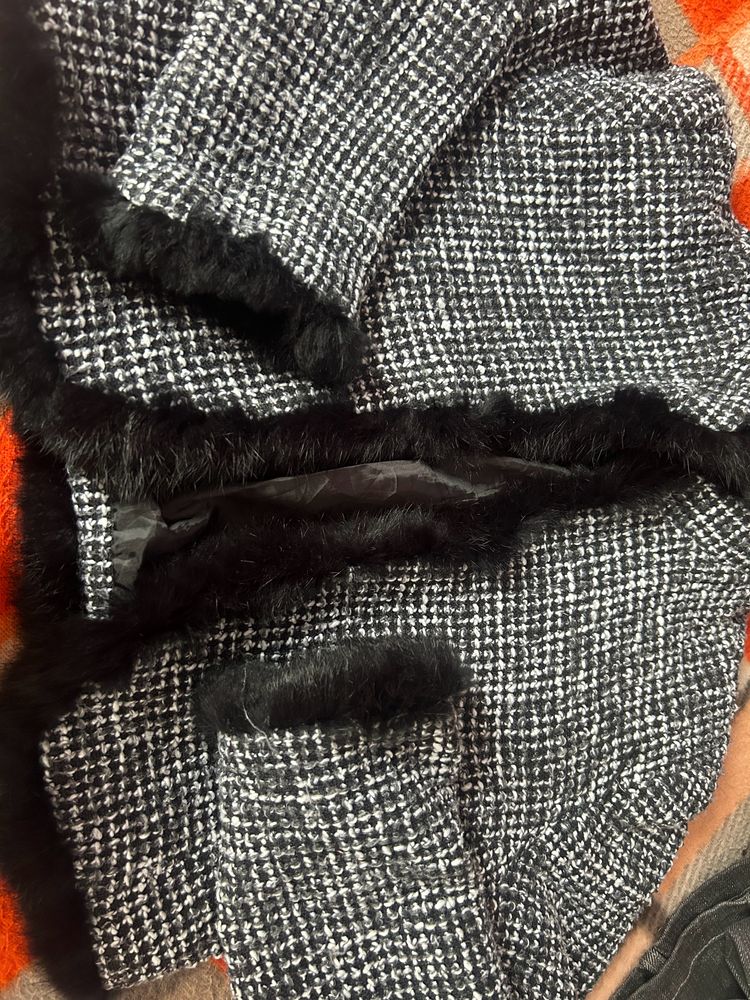 Black And White Tweed Cropped Fur Coat