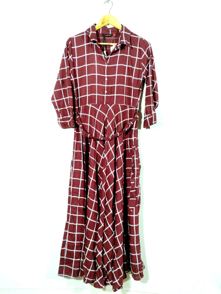 Vishudh Maroon Checked Long Dress (Women)