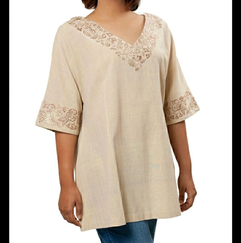 V neck Embroidered Beige Kaftan Tunic🐫🌻