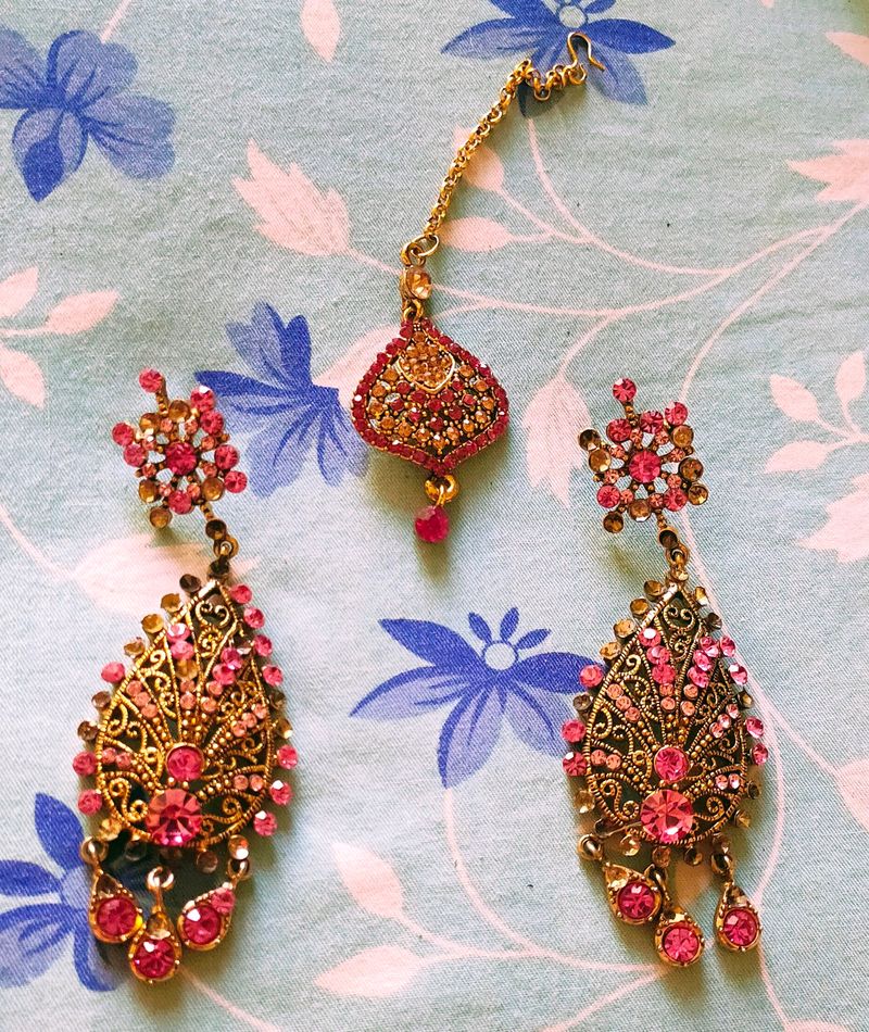 Pink Earrings With Maang Teeka