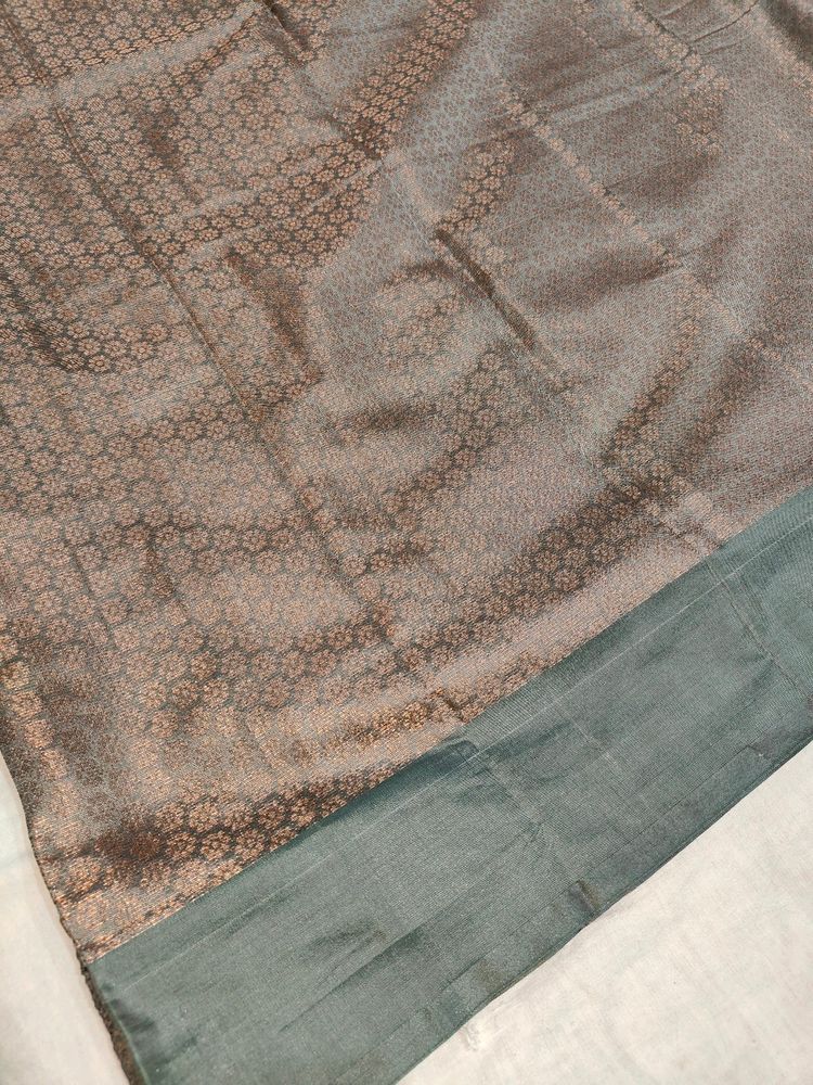 Grey Silk Saree with Golden Zari Work