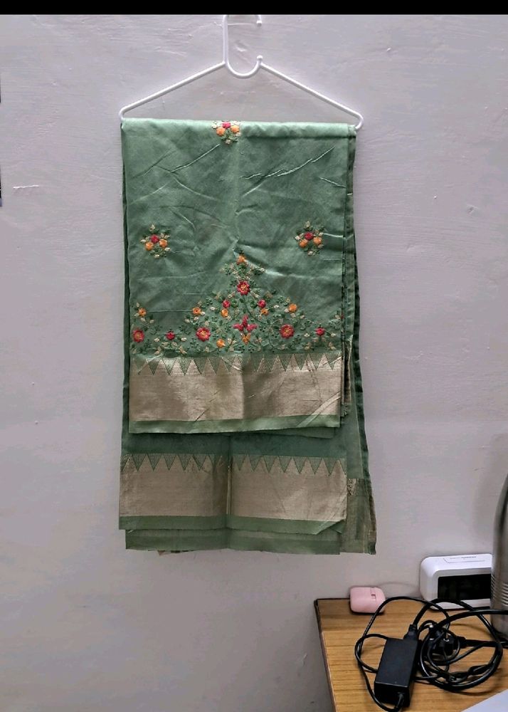 Embroided Green And Golden Saree