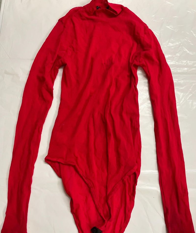 Red Mesh Turtle Neck Bodysuit