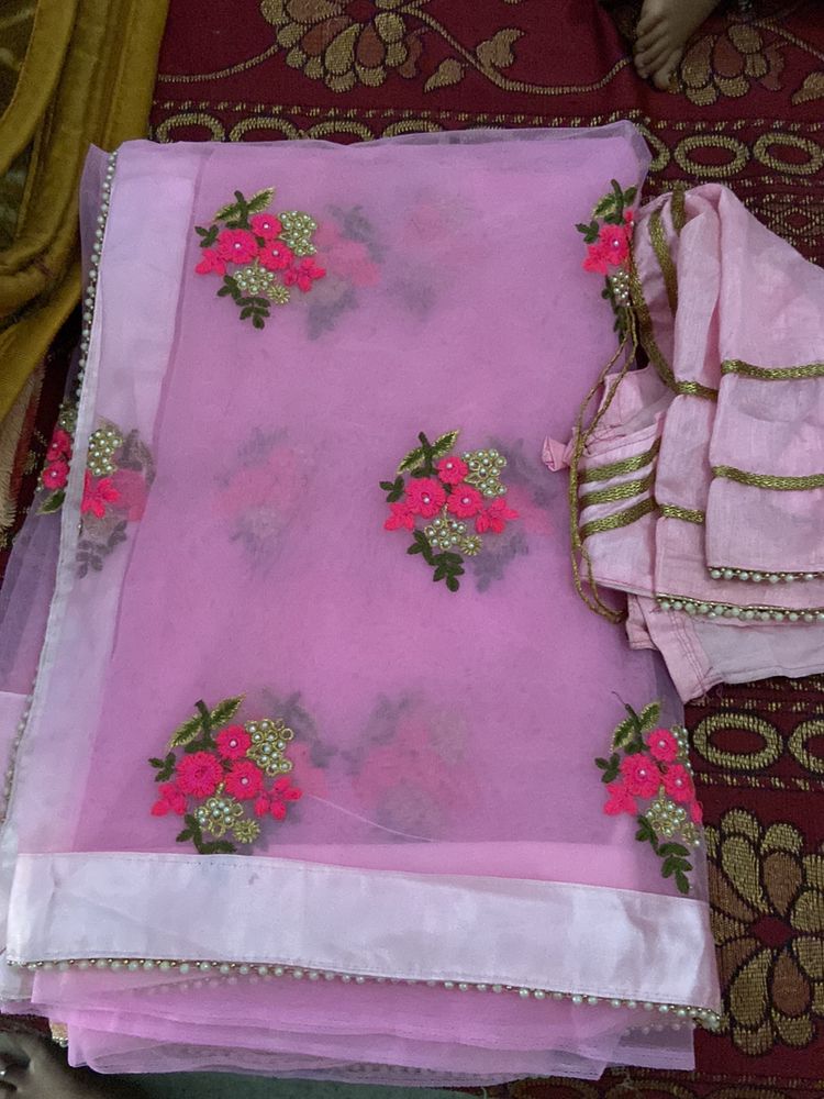 Baby Pink Colour Saree No Flow Dark Pink Flowers Printed Stich Blouse