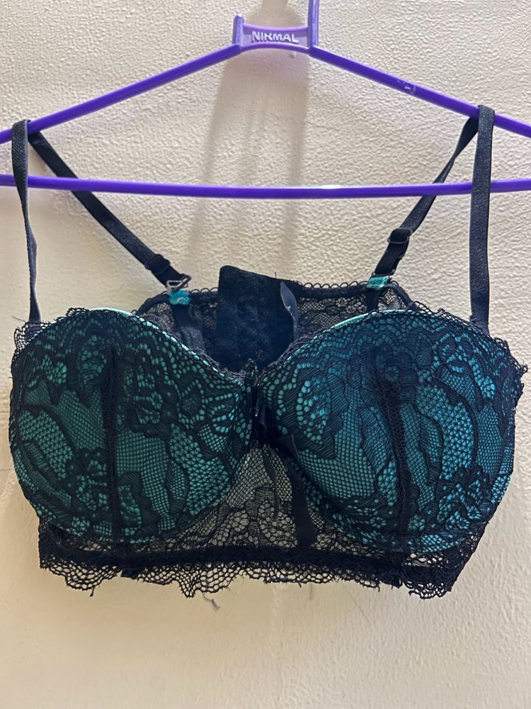 34B Sea Green & Black Padded Underwired Lace Bra