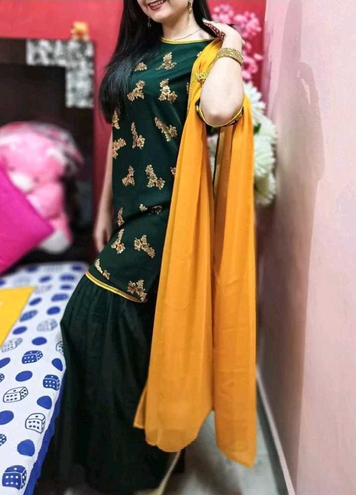 Dark Green Printed Kurta With Sharara & Dupatta