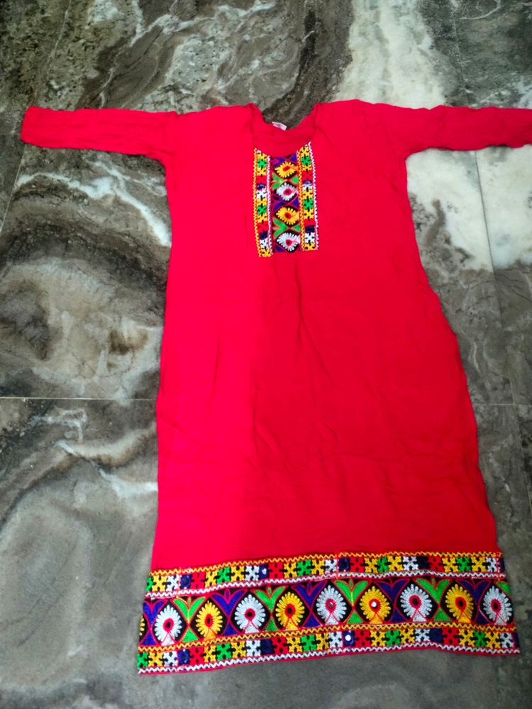 Red Embroaidary Kurtis Blue Palazzos.