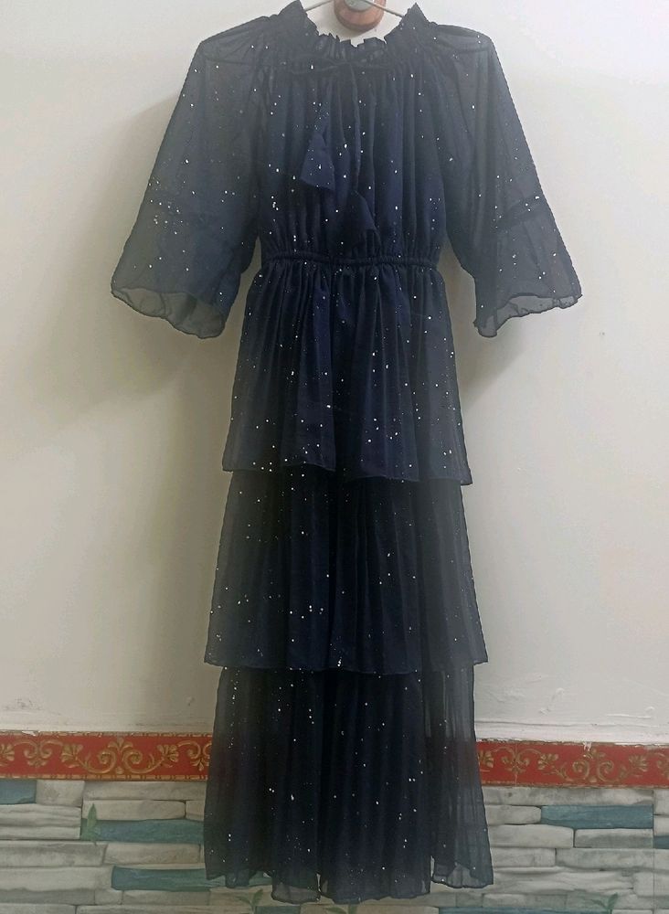 Elegant Navy Blue Tiered Dress with Sparkle