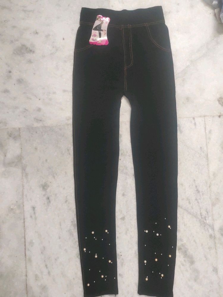 Ladies Denim Print Legging Jegging Pearl Work