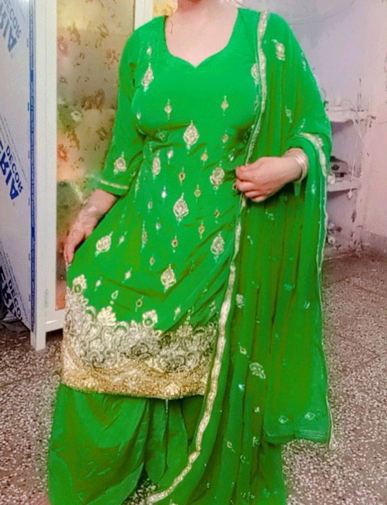 Green Silk Plazzo Kameez Set With Dupatta