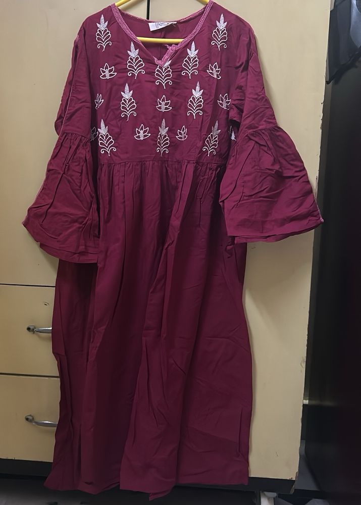 Maroon Cotton Kurti With Silver Embroidery