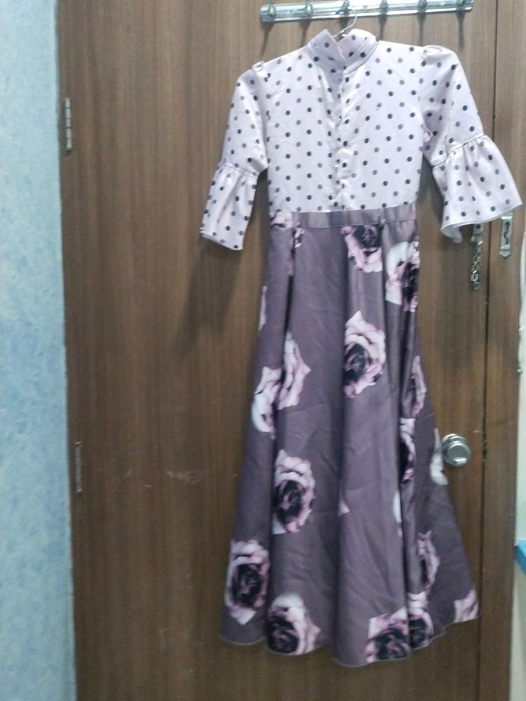 Purple frock . Dotted and flower print dress