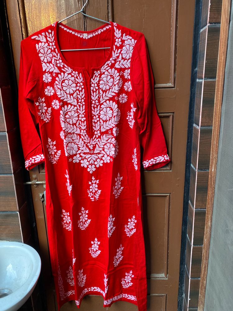 Blood Red Beautiful Chikankari Kurta With Handwork