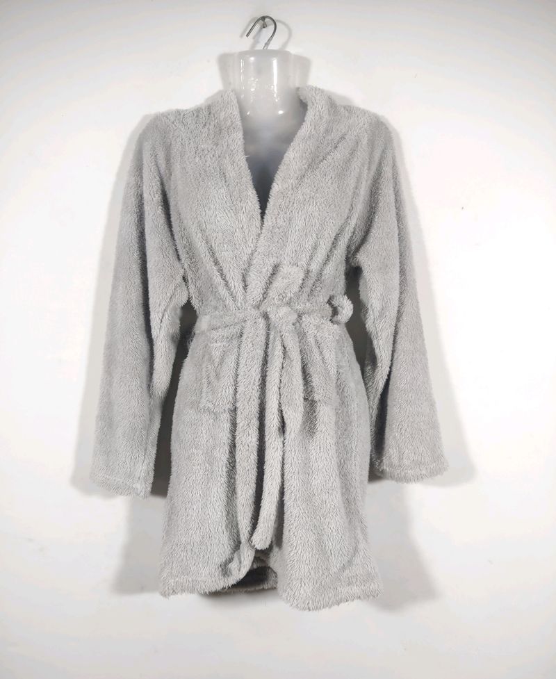 Grey Fur Hoodie Bath Robe Dress (Women's)